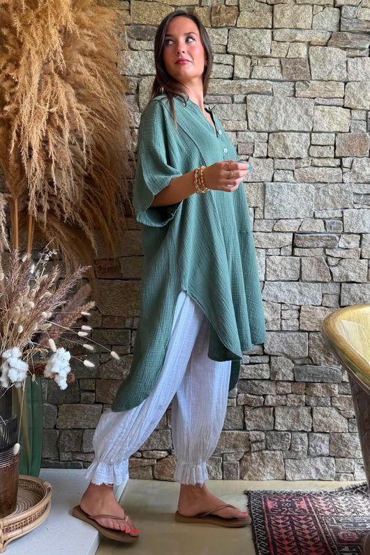 Tasha Cushion Cotton Oversized Shirt Tunic Khaki